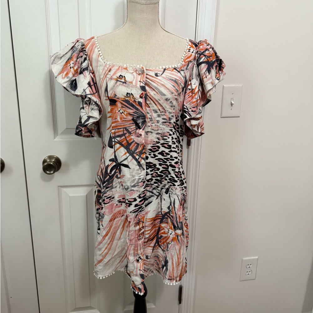 Elliatt Puff Sleeve Button Front Animal Print/Tropical Print Linen Dress